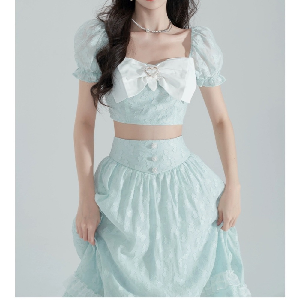 Japanese Kawaii Pastel Blue Bow Ribbon Pearl Heart Two Pieces Dress Set
